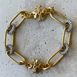 Tory Burch Gold-Tone Chain Bracelet with Crystal Rings